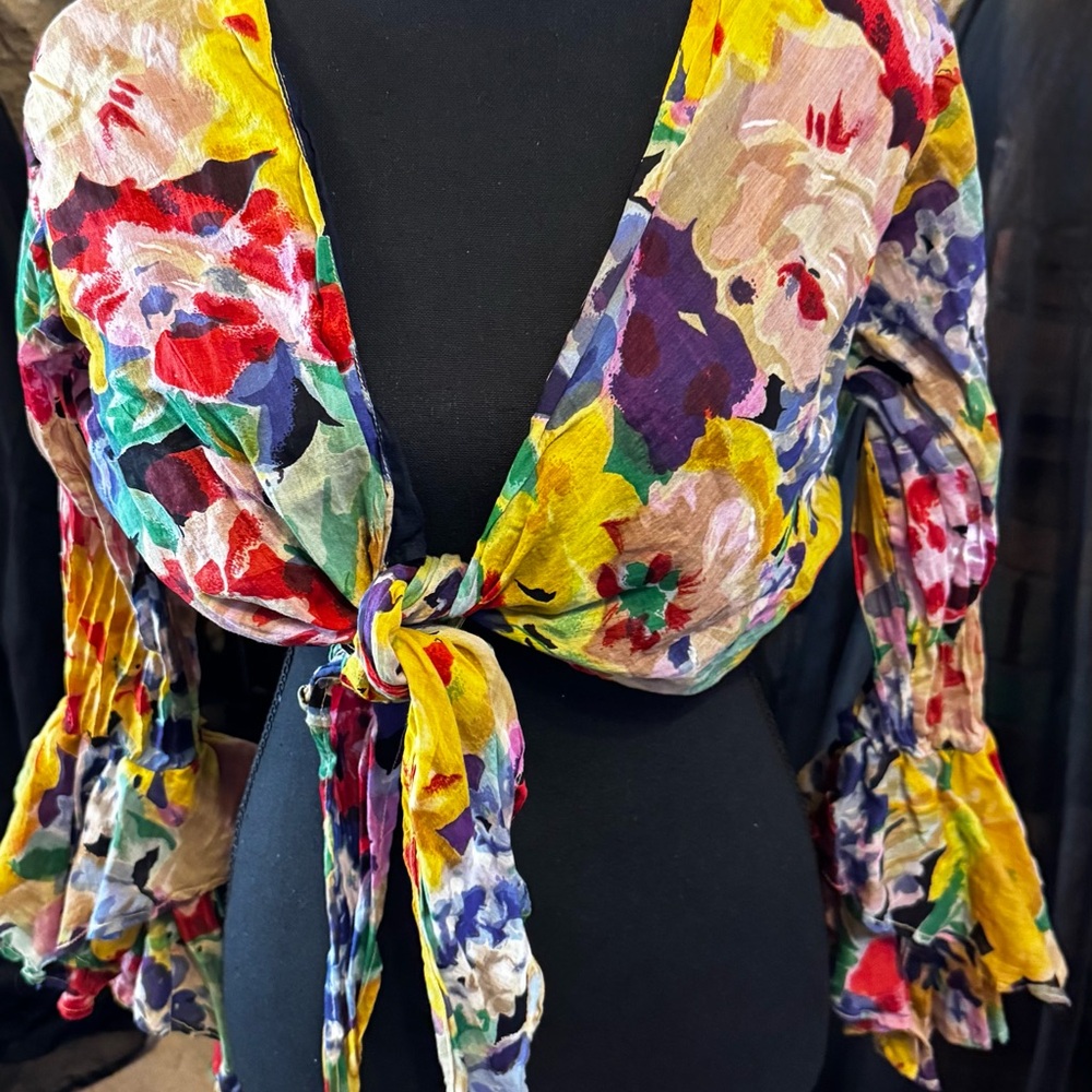 Spoiled Girls Vintage Vibrant Floral Tie-Front Blouse